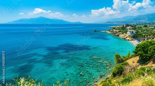 A serene coastal view featuring clear turquoise waters, rocky shores, and distant mountains under a bright blue sky.