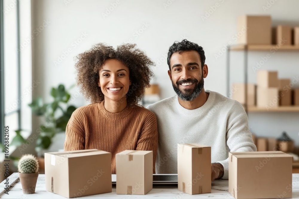 A smiling couple poses with cardboard boxes, embodying the excitement and challenges of launching a new business, surrounded by natural light and entrepreneurial spirit. A smiling couple poses with cardboard boxes, embodying the excitement and challenges of launching a new business, surrounded by natural light and entrepreneurial spirit.