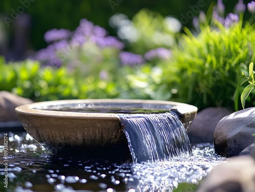 Minimalist garden water fountain with water flowing from the fountain bowl