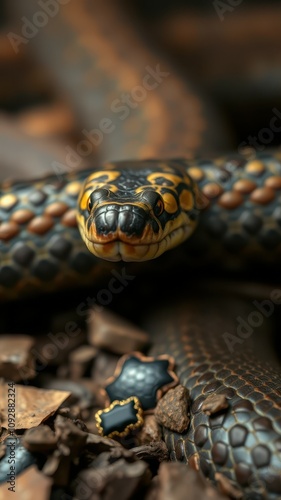 Close-up view of a non-venomous snake resting on rocks in a warm environment during daylight hours photo