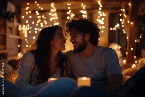 A romantic scene depicting a loving couple sitting intimately surrounded by warm, glowing lights, creating a cozy and enchanting atmosphere.