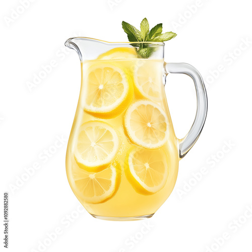 Cold lemonade pitcher with ice and mint isolated on transparent background