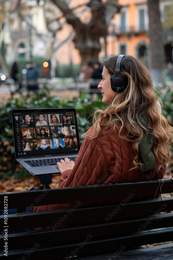 A freelancer on a video call while sitting on a park bench with a laptop A freelancer on a video call while sitting on a park bench with a laptop