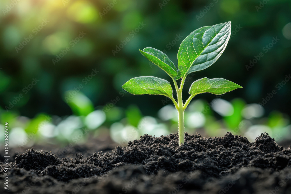 A vibrant green seedling with fresh leaves emerges from rich, dark soil under warm sunlight, representing growth and new beginnings in a lush garden. A vibrant green seedling with fresh leaves emerges from rich, dark soil under warm sunlight, representing growth and new beginnings in a lush garden.