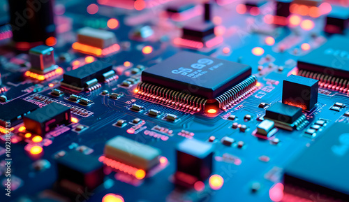 Close-Up of a Electronic Circuit Board with Glowing Microchip Components , Processor 