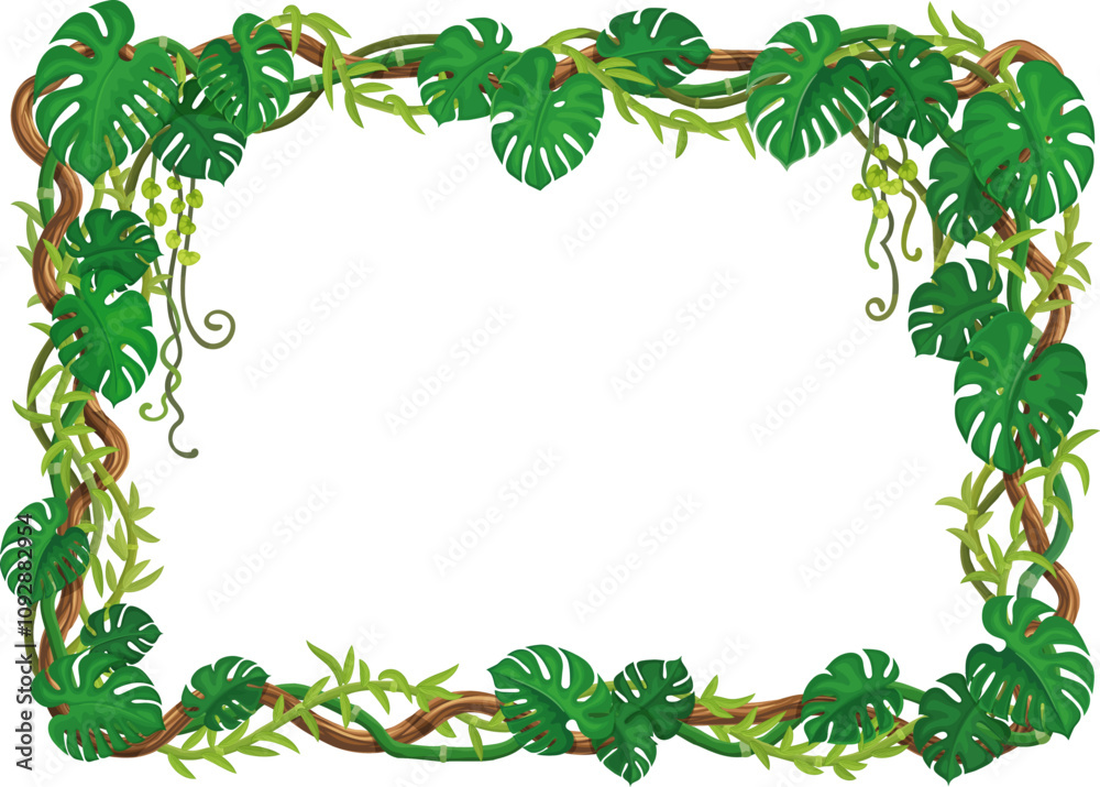 Tropical jungle forest frame with lianas and green monstera leaves, vector background. Jungle liana vine branches of ivy creeper plant with green hanging leaves for cartoon decoration background frame