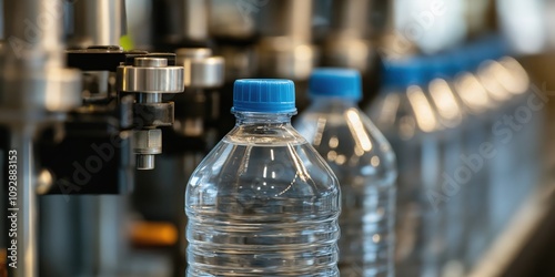 A close-up view of water bottles being filled in a production line, showcasing the precision and technology involved in bottling clean water for consumers globally. photo