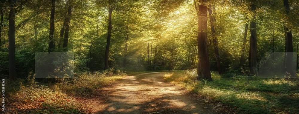 Fototapeta premium Beautiful Forest Landscape with Path in Summer Sunlight. AI generated illustration