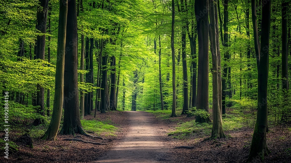 Beautiful Green Forest with Trees and a Path in Spring or Summer. AI generated illustration
