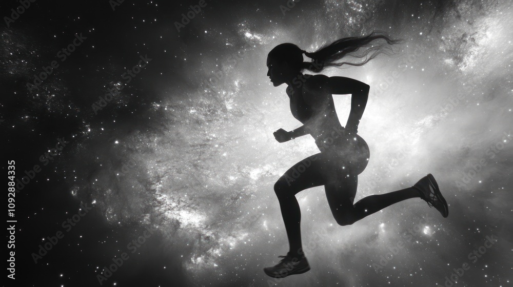 Naklejka premium Cosmic Runner: A Silhouette of a Woman Running Through the Stars