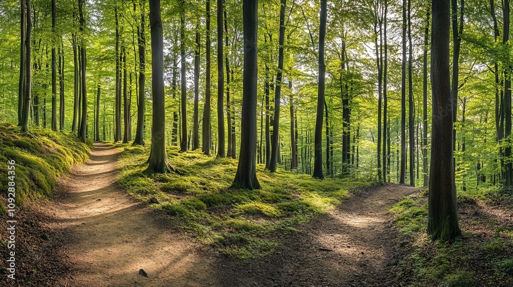 Beautiful Green Forest with Trees and a Path in Spring or Summer. AI generated illustration Beautiful Green Forest with Trees and a Path in Spring or Summer. AI generated illustration