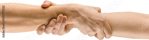 Obraz na plátne Close-up of one hand gripping another firmly, symbolizing support, determination, or assistance
