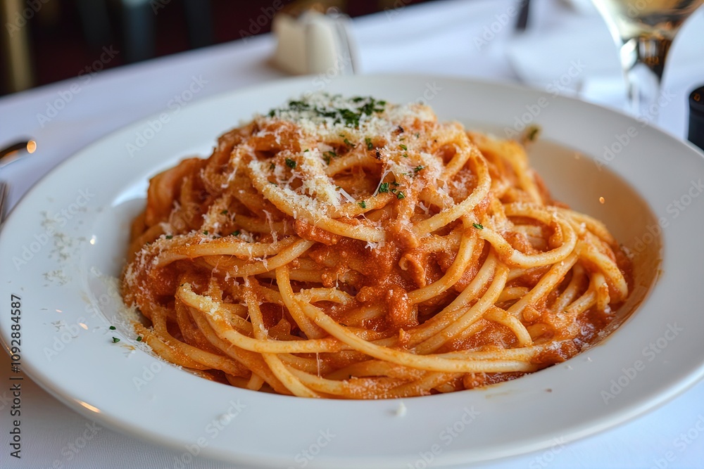 Delicious plate of spaghetti with rich tomato sauce and cheese served in a cozy restaurant setting Delicious plate of spaghetti with rich tomato sauce and cheese served in a cozy restaurant setting