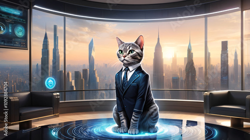 Feline CEO Leading Discussions on Toshi ($TOSHI), Mochi ($MOCHI), and OmniCat ($OMNI) Meme Coins with Bitcoin Interface in a Futuristic Corporate Office photo