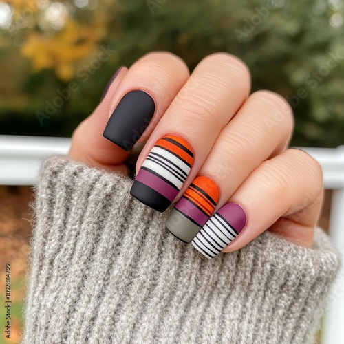 Close-up of hand with autumn-themed striped matte nail polish.