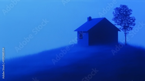 Misty blue silhouette of house and tree on a hill at dusk