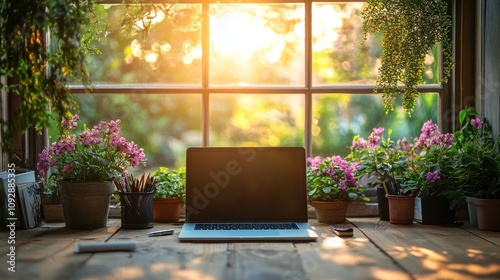 Cozy home office with laptop, potted plants, and warm sunlight streaming through large window creating an inviting work environment for productivity and creativity