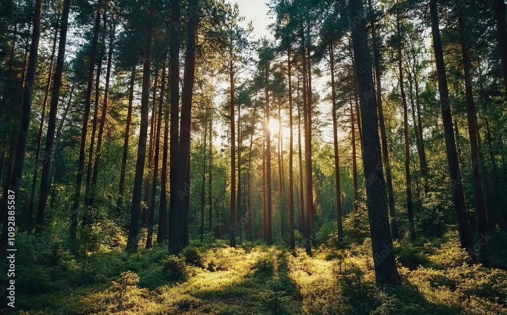 Spring Forest Landscape with Tall Pine Trees at Sunrise, AI generated illustration Spring Forest Landscape with Tall Pine Trees at Sunrise, AI generated illustration