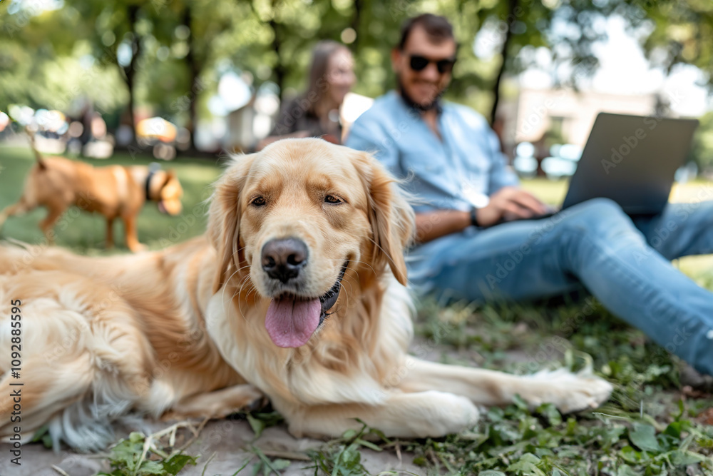 Freelancer typing on a laptop, dog playing in the background at a dog park Freelancer typing on a laptop, dog playing in the background at a dog park