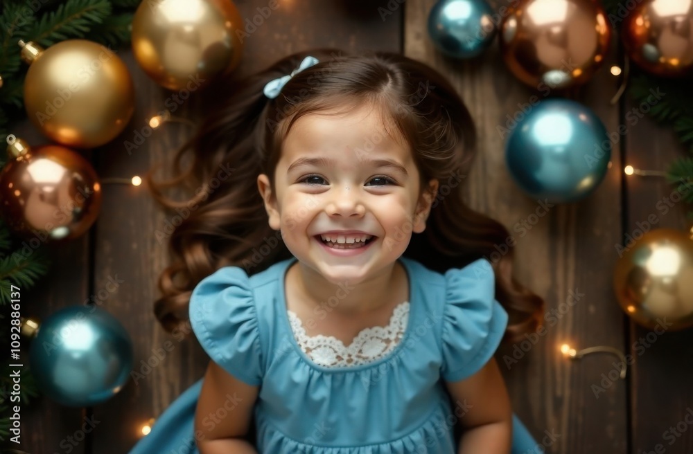 A little girl is lying on a wooden floor surrounded by Christmas balls A little girl is lying on a wooden floor surrounded by Christmas balls