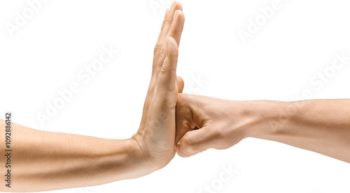 Hand stopping fist in mid-motion, symbolizing nonviolence, rejection of conflict, and peace. Isolated on transparent background. Concept of visual communication, signs
