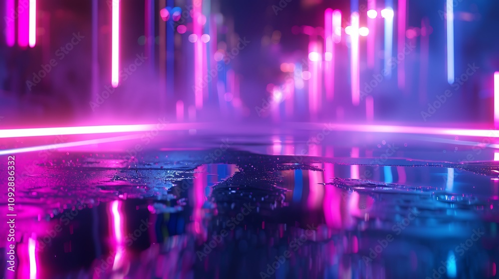 Fototapeta premium A vibrant, neon-lit urban scene with reflections on a wet surface, creating a futuristic atmosphere.