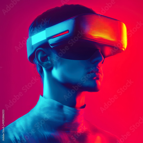 A close-up of an individual wearing a virtual reality headset, illuminated by contrasting blue and red neon lights. photo