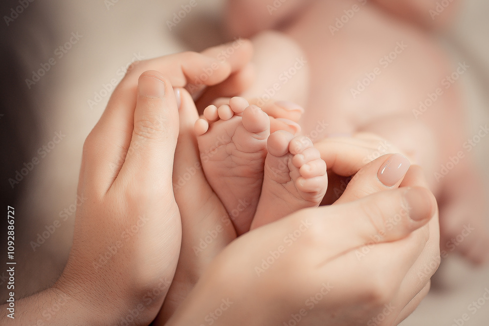 Parent holding in the hands feet of newborn baby. Soft brown toning Parent holding in the hands feet of newborn baby. Soft brown toning