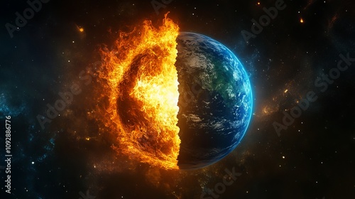 Earth Day Concept with Split Earth: Half on Fire, Half Green. AI generated illustration