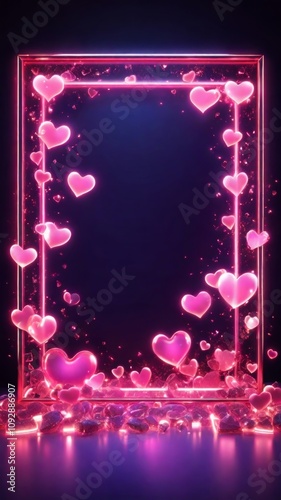 Animated neon illuminated frame with hearts. The concept of love, Valentine's Day
