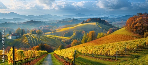 A panoramic view of the Ljub DRM statues and vineyards in autumn. photo