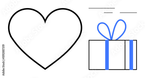 Large heart shape next to a gift box with ribbon. Ideal for love, celebration, romance, gifting, holidays, special occasions, appreciation. Line metaphor