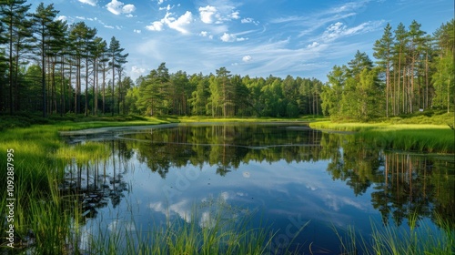 A serene forest lake surrounded by tall trees, reflecting the clear blue sky.