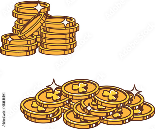 Cartoon retro golden coins stacks for Saint Patrick Day holiday, vector luck symbols. Leprechaun gold coins with shamrock clover leaf for Irish St Patrick Day holiday celebration and greeting card
