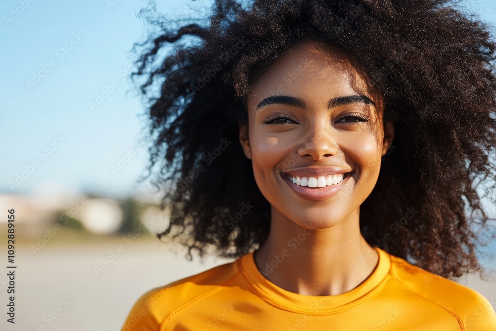 A cheerful woman with a vibrant afro is seen smiling broadly against a sunny backdrop, representing vitality, freedom, and joy in a carefree moment. A cheerful woman with a vibrant afro is seen smiling broadly against a sunny backdrop, representing vitality, freedom, and joy in a carefree moment.
