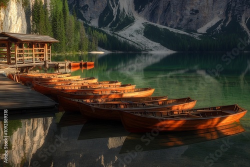 Sunrise at Lake Braies with Rowing Boats and Mountain Views. AI generated illustration