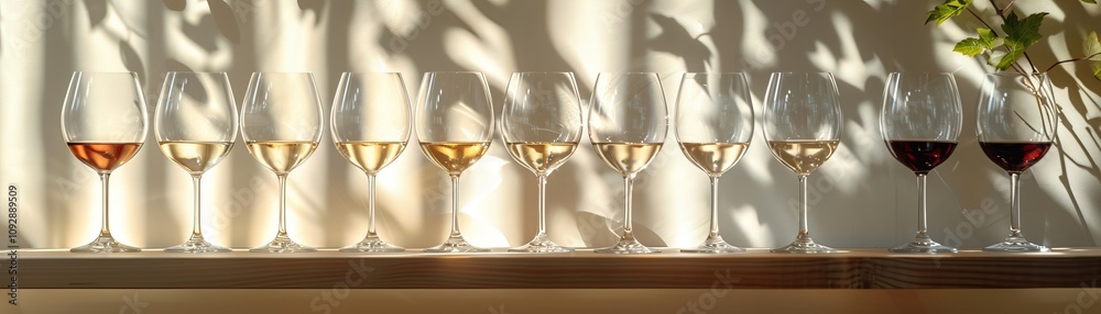 A series of wine glasses filled with different types of wine, showcasing a gradient of colors against a softly lit background. A series of wine glasses filled with different types of wine, showcasing a gradient of colors against a softly lit background.