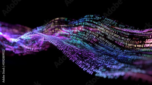 Technological Elegance: 3D Render of Colorful Binary Code Cascade in a Digital Landscape Representing Large Language Models