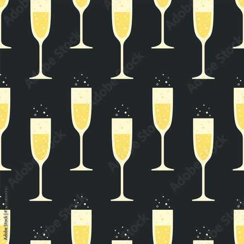 Glasses of champagne vector seamless pattern. Beige and yellow drawings on black background. Best for textile, wallpapers, wrapping paper, package and bar decoration.