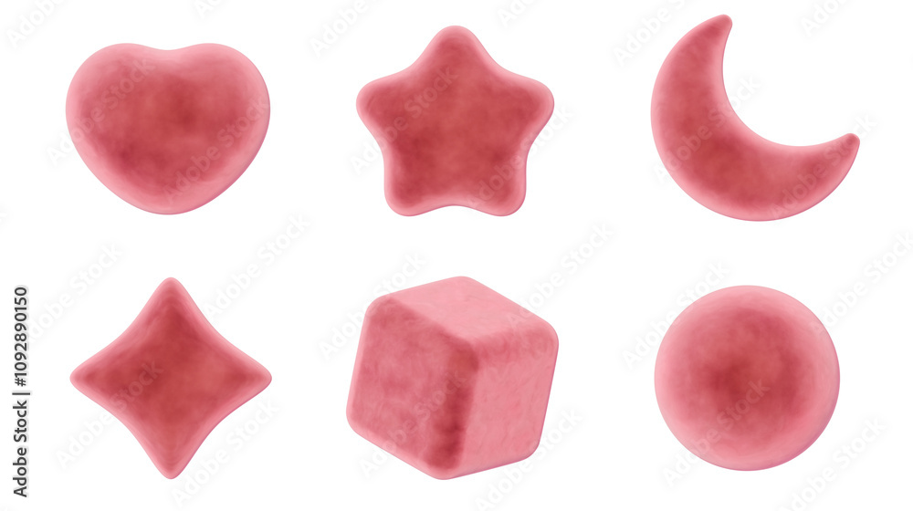 3d icon collection set, heart, star, moon, twinkle, cube and circle, red velvet velour material, png isolated background 3d icon collection set, heart, star, moon, twinkle, cube and circle, red velvet velour material, png isolated background