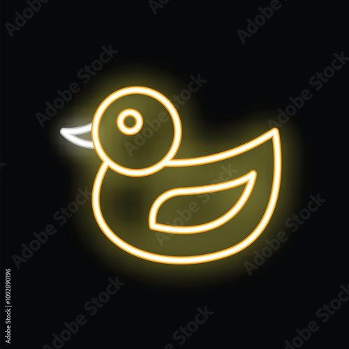 Bright yellow neon sign in the shape of a duckling is glowing on a black background