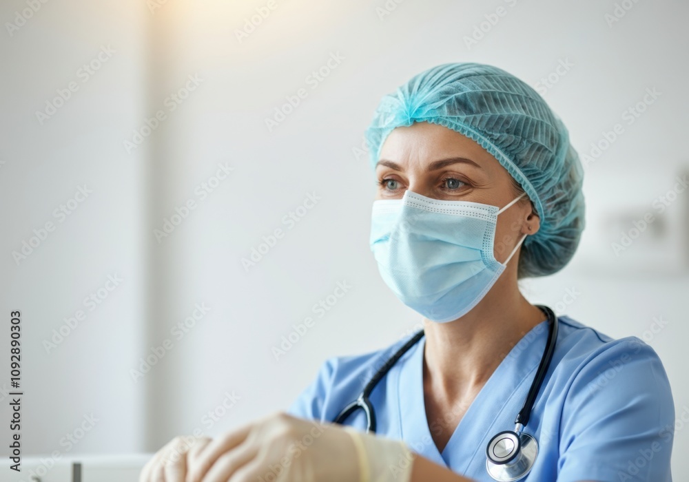Confident female surgeon wearing face mask and putting on gloves, getting ready for surgery in hospital operating room Confident female surgeon wearing face mask and putting on gloves, getting ready for surgery in hospital operating room