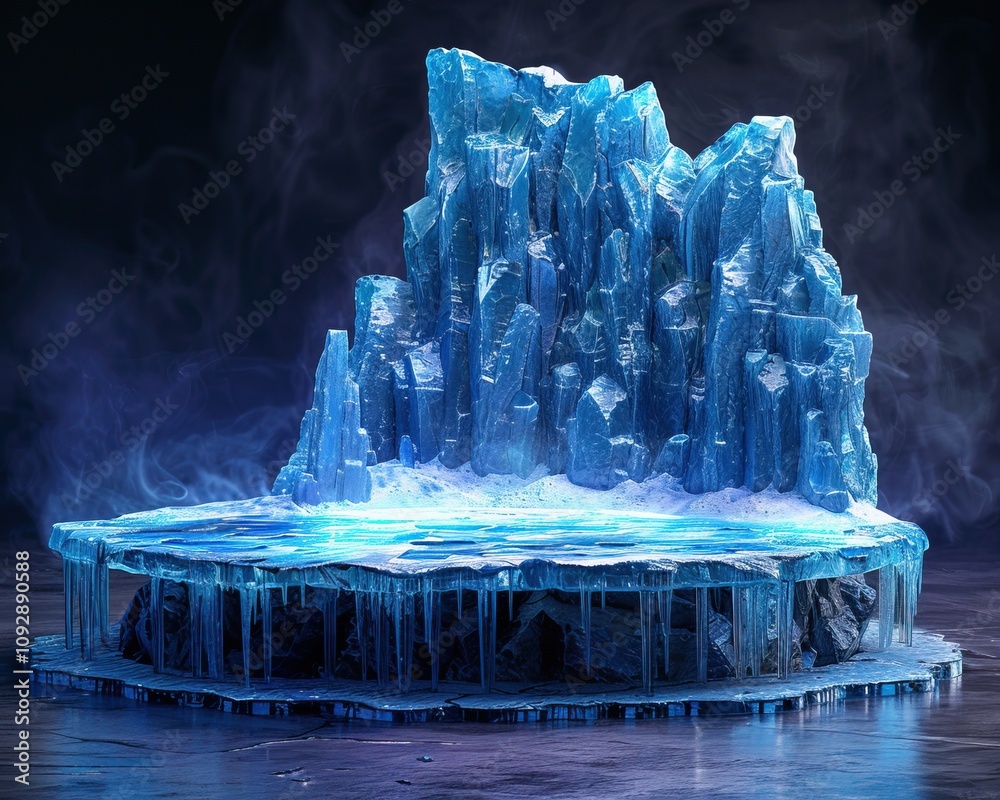 A stunning icy formation with jagged peaks and a reflective surface, set against a dark, misty backdrop, evoking a sense of cold and mystique. A stunning icy formation with jagged peaks and a reflective surface, set against a dark, misty backdrop, evoking a sense of cold and mystique.