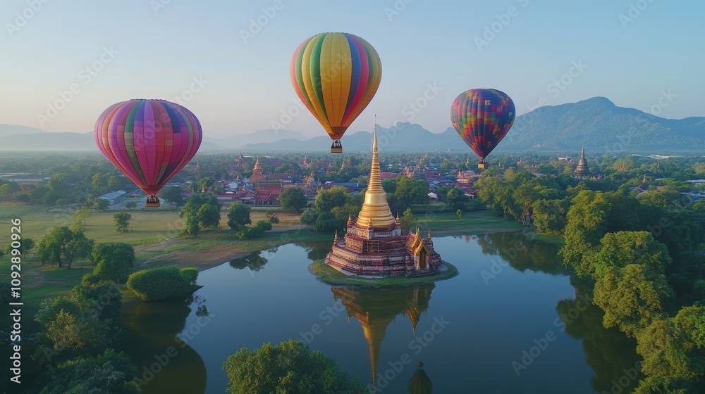 Fototapeta premium Captivating aerial view of ratchaburi temples thailand gigapixel photography serene landscape scenic perspective cultural heritage
