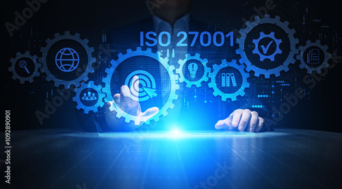 ISO 27001 Standard certification standardisation quality control concept on screen.