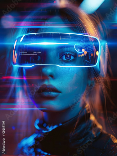 A woman in a dark setting wears a futuristic neon visor, emitting vibrant blue and pink light reflections.