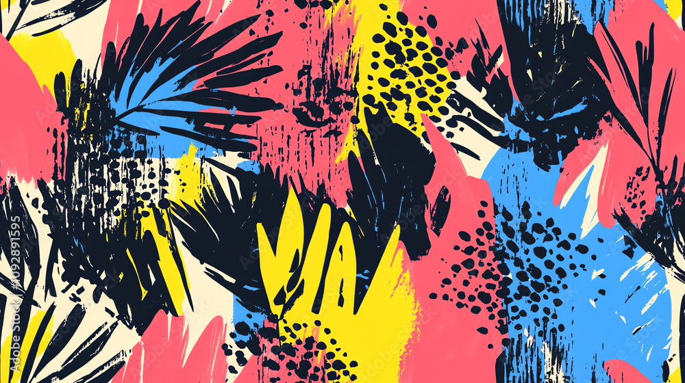 Fototapeta premium Tropical flowers seamless pattern with bold colors