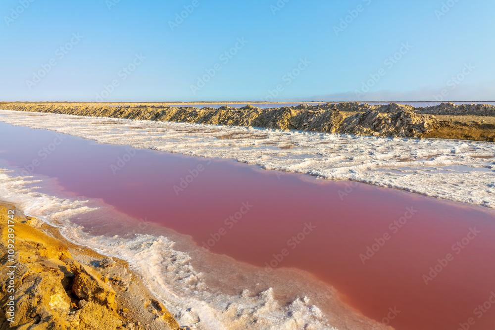 Pink salt pan in Walvis Bay, Namibia landscape, Africa