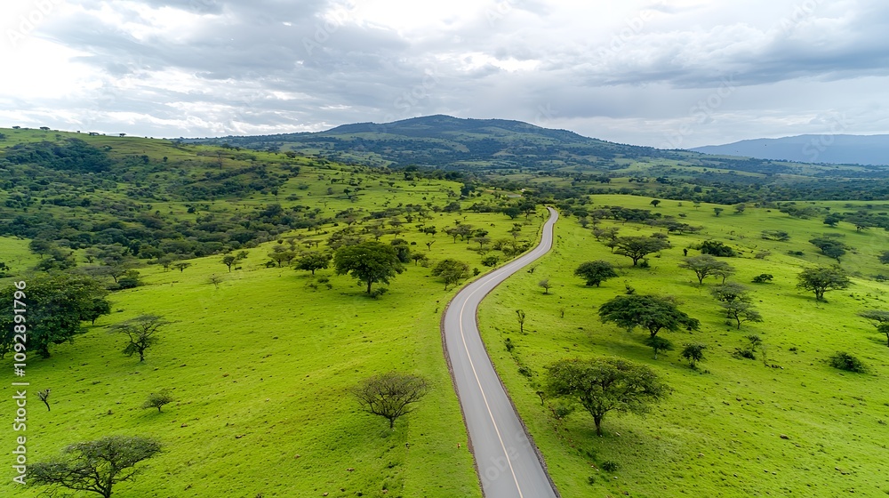 A scenic high-angle view of a lush green forest with a straight road slicing through the middle. A scenic high-angle view of a lush green forest with a straight road slicing through the middle.