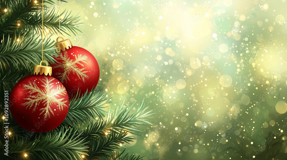 Obraz premium illustration of red Christmas ball decoration with gold glitter details hanging on a tree decorated with sparkling lights, blurred background with soft light, Ai generated images